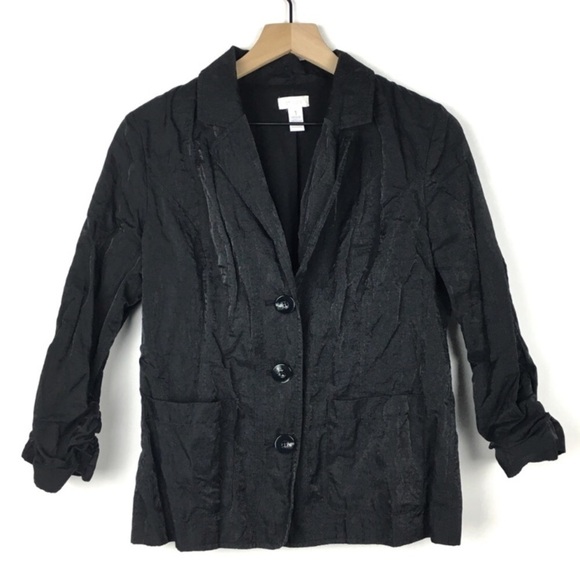 CHICOS Jacket Blazer Shiny Sateen Crinkle Black Minimalist Evening Size 1 Medium - Picture 1 of 9